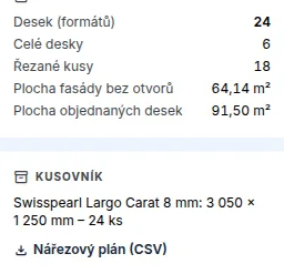 Souhrn rozvržení, kusovník formátů a tlačítko Nářezový plán (CSV)