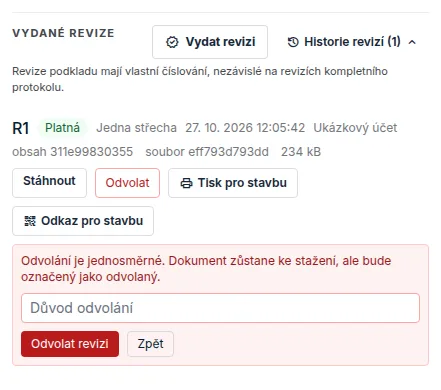 Odvolání revize: upozornění, pole Důvod odvolání a tlačítko Odvolat revizi