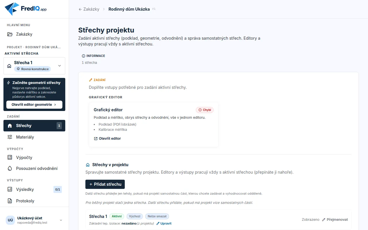 Kokpit nové zakázky na záložce Střechy s kartou Grafický editor