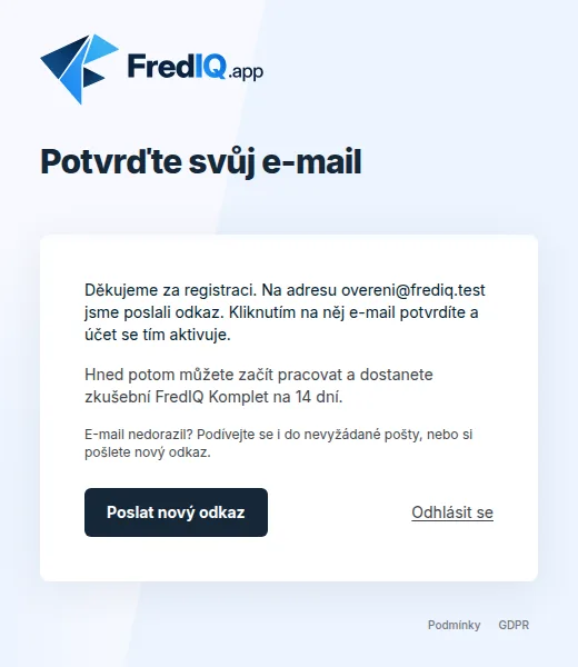 Stránka Potvrďte svůj e-mail s tlačítkem Poslat nový odkaz