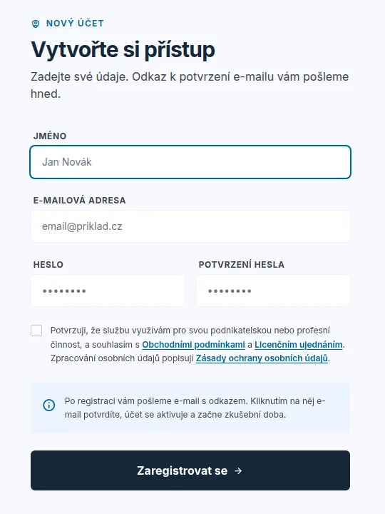 Formulář registrace: jméno, e-mail, heslo, souhlas s podmínkami a tlačítko Zaregistrovat se