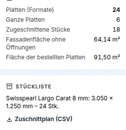 Übersicht der Aufteilung, Stückliste der Formate und Schaltfläche Zuschnittplan (CSV)
