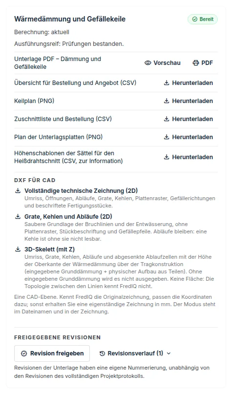 Karte Wärmedämmung und Gefällekeile mit PDF-Unterlage, Plänen, CSV-Listen und freigegebenen Revisionen