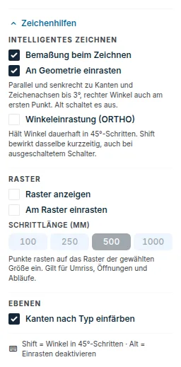 Aufgeklappte Zeichenhilfen: intelligentes Zeichnen, Raster und Ebenen