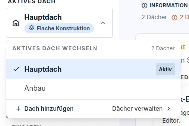 Geöffneter Dachumschalter im Auftragscockpit mit dem aktiven Dach und dem Link Dächer verwalten