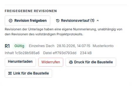 Freigegebene Revisionen der Unterlage: Revision R1 mit den Schaltflächen Druck für die Baustelle und Link für die Baustelle
