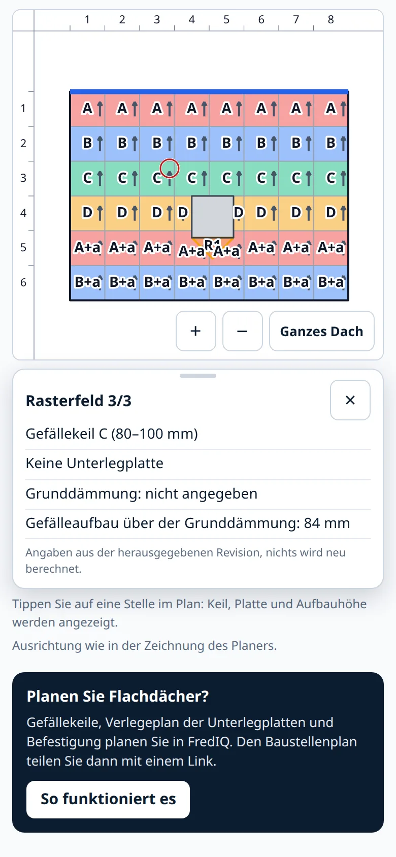 Karte nach dem Tippen: Rasterfeld, Gefällekeil und Aufbauhöhe