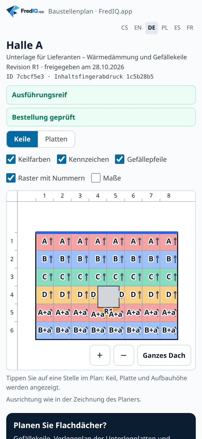 Baustellenplan auf dem Handy: Keilplan mit Raster und Bedienelementen