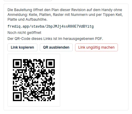 Bereich Link für die Baustelle mit Adresse, Anzahl der Aufrufe und QR-Code