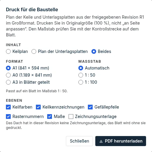 Dialog Druck für die Baustelle: Inhalt, Format, Maßstab und Ebenen