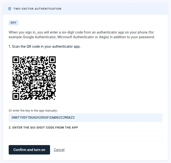 Turning on two-factor authentication: the QR code, the key for manual entry and the field for the code from the app