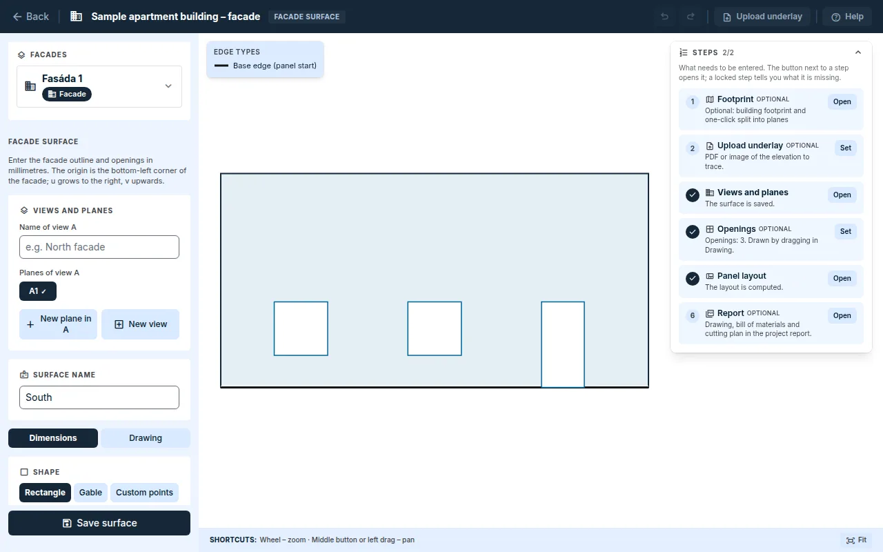 Facade editor: plane A1 with windows, the dimensions panel and the Steps window