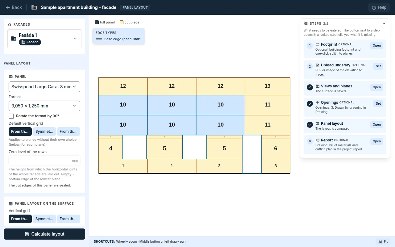 Panel layout: panel and format selection, preview of the pieces on a plane and the summary