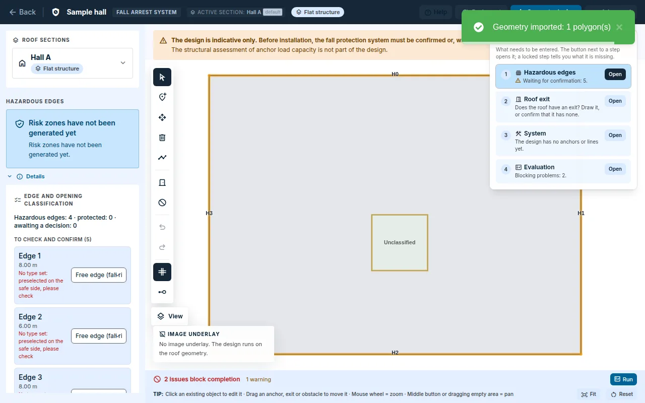 The Hazardous edges step: the list of edges to check and confirm, and the Steps window