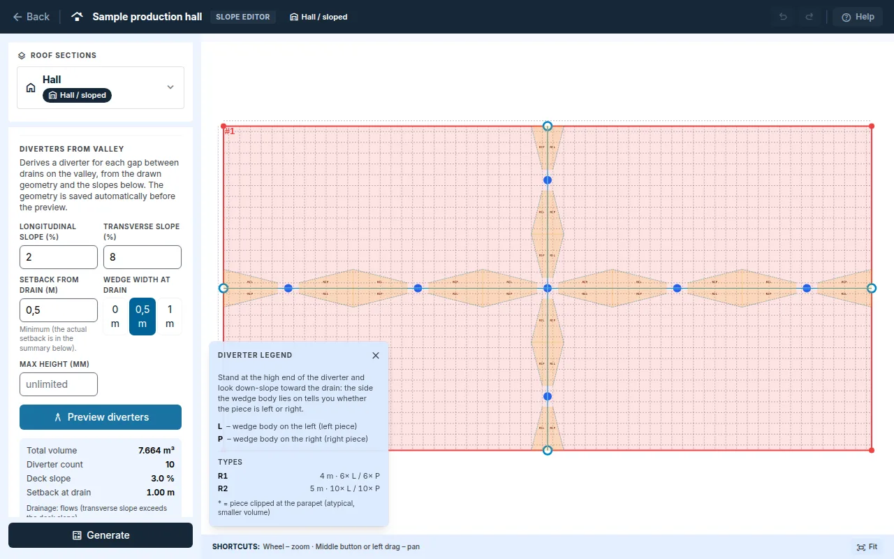 Diverters from valley: parameters, diverter preview in the plan, total volume and the type legend