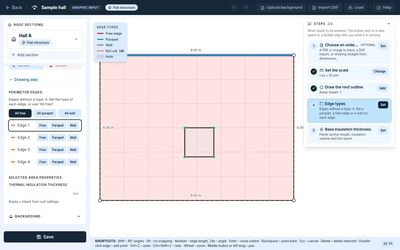 Perimeter edges panel with edges without a type and the edge type legend on the canvas