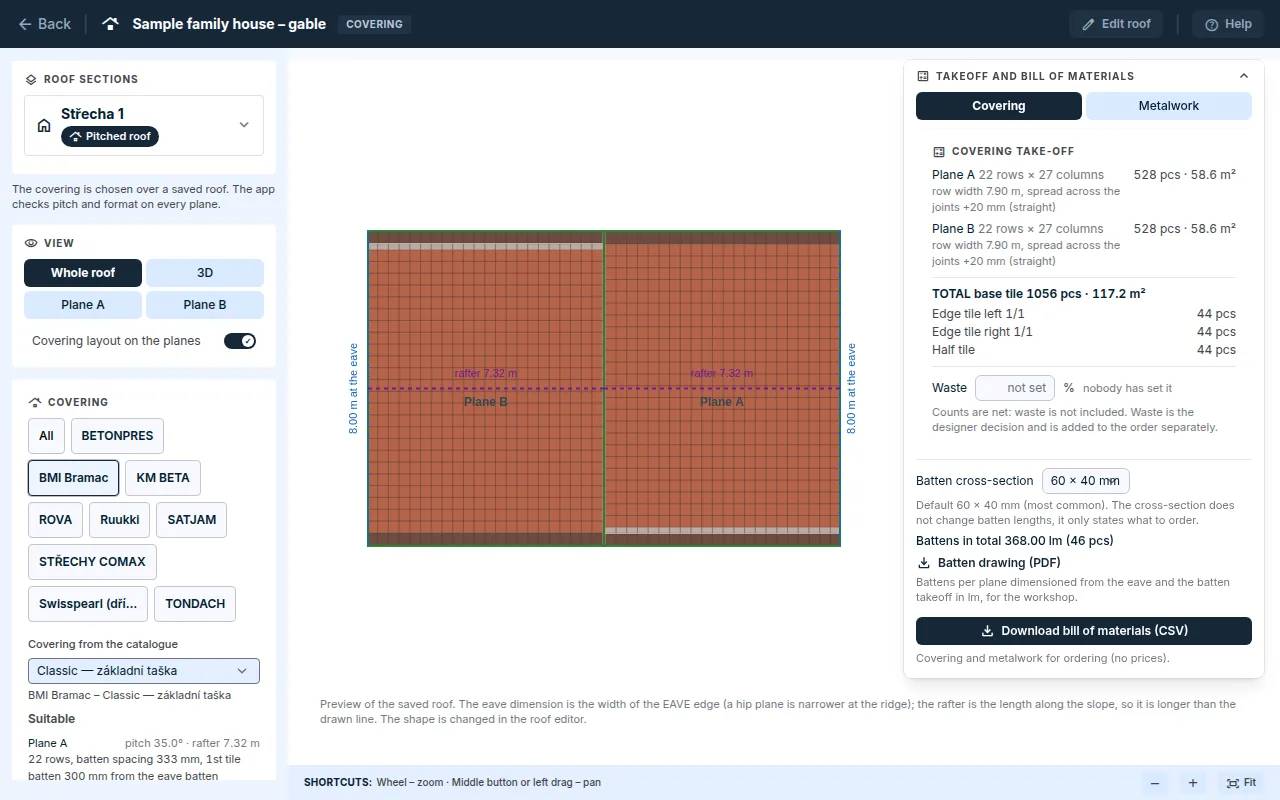 Covering module: covering selection, assessment per plane and covering layout on the roof