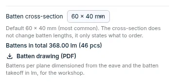 The battens section in the take-off: batten cross-section, battens total in linear metres and the batten drawing