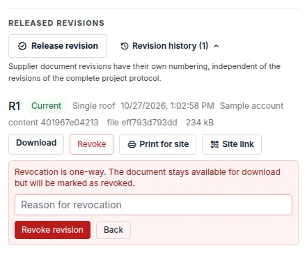 Revoking a revision: the notice, the Reason for revocation field and the Revoke revision button