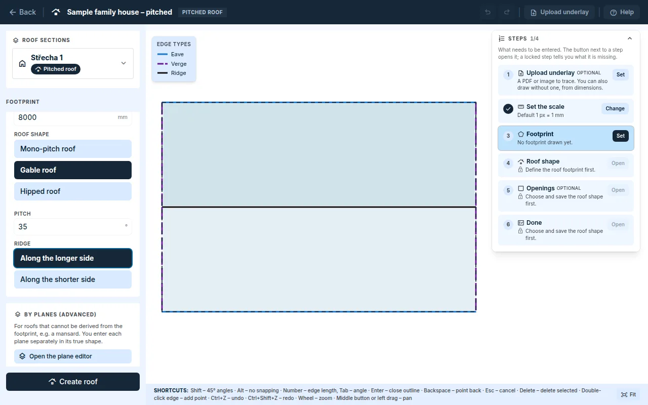 Quick setup of a gable roof: footprint, dimensions, shape, pitch and the preview on the canvas