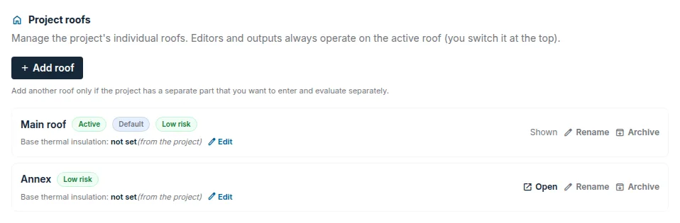 The Roofs tab in the project cockpit: two roofs, the active roof and the Add roof button