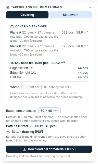 The Takeoff and bill of materials window: covering pieces per plane, total, waste and the Download bill of materials button