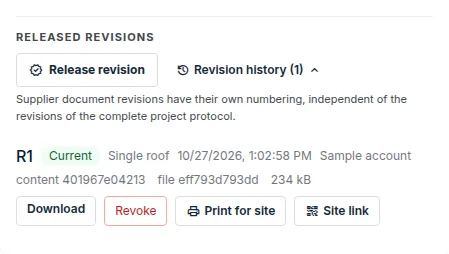 Released revisions of the document: revision R1 with the Print for site and Site link buttons