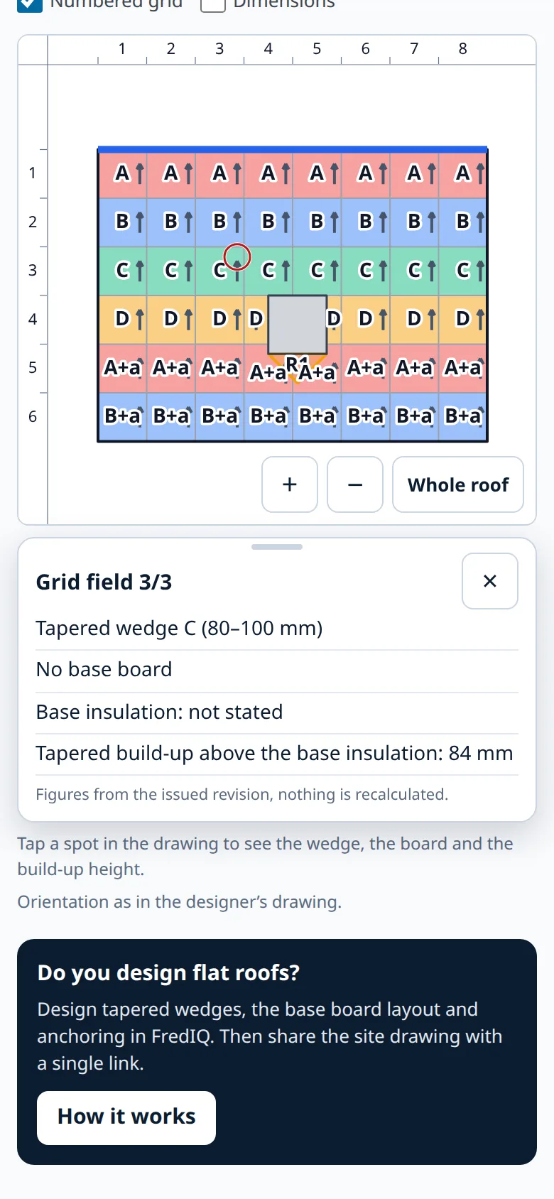 The card after tapping: grid field, tapered wedge and build-up height