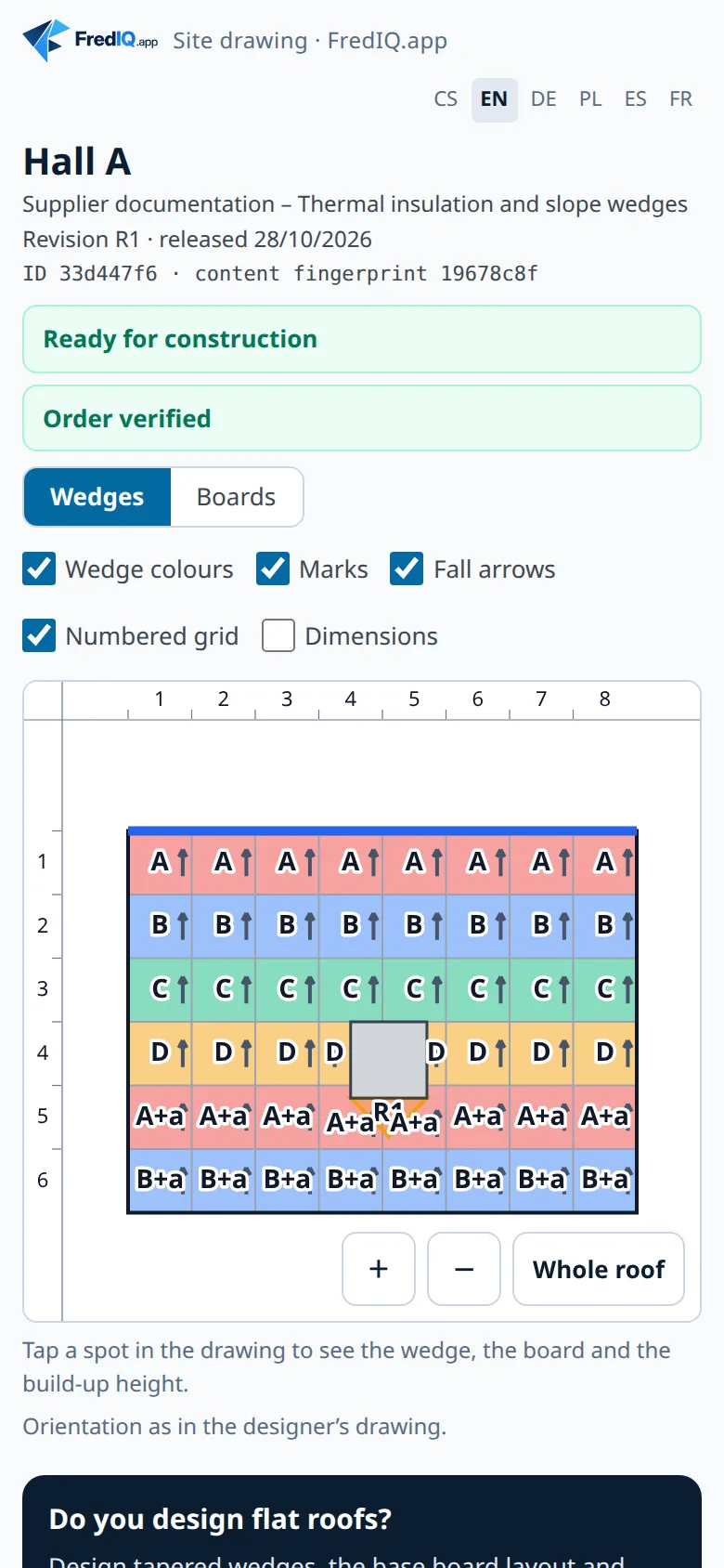 The site drawing on a phone: the wedge plan with the grid and controls