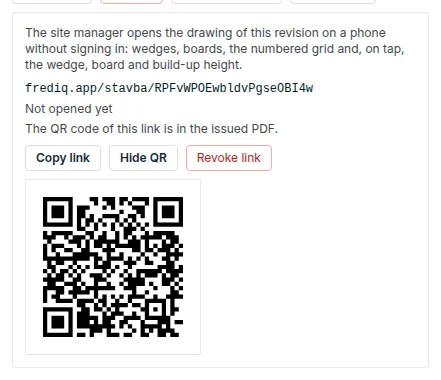The Site link panel with the address, the number of views and the QR code