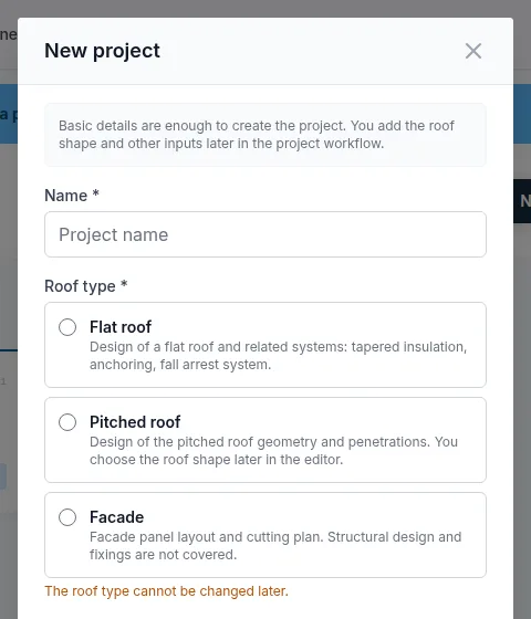 The New project window with the name and the choice of roof type