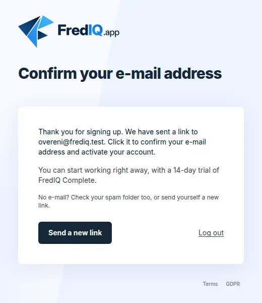 The Confirm your e-mail address page with the Send a new link button