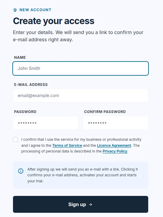 Registration form: name, e-mail, password, consent to the terms and the Sign up button
