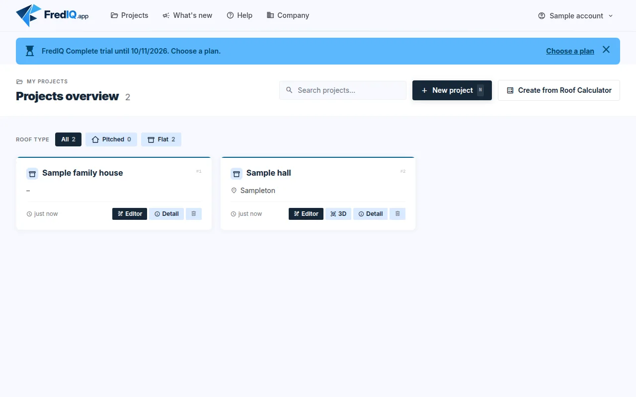 Project overview with the trial bar and the New project button